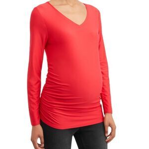 NWT Maternity Top Womens Medium Time and Tru Red Long Sleeve V Neck Ruched Sides